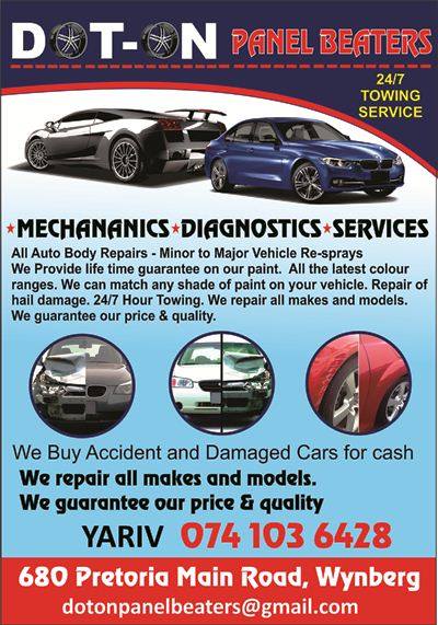 DOT ON PANELBEATERS website, Mechanics, Diagnostics, Service, All auto body repairs – minor to major, Vehicle re-sprays – we provide life time guarantee on our paint, All the latest colour ranges, we can match any shade of paint on your vehicle, Repair of hail damage, 24/7 Hour Towing, We repair all makes and models, We guarantee our price & quality,